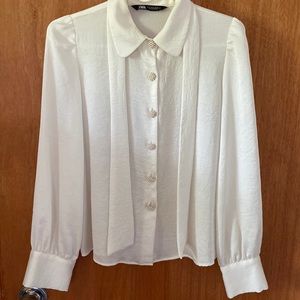Zara Classy White Jeweled Blouse Tie Neck Medium Worn Once